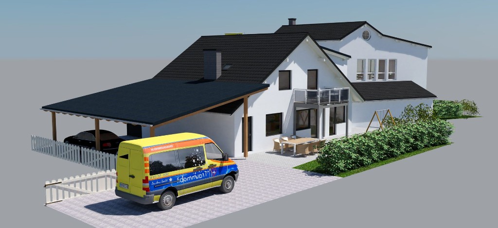 Planungsbild von Haus 3 – Außenansicht mit Garten- und Aufenthaltsflächen