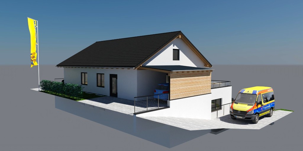 Architektur-Entwurf von Haus Ida – Außenansicht der Eingangsseite mit Carport, Vorfahrt und Strahlemaennchen-Fahne