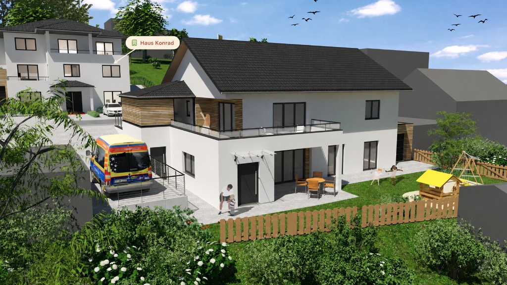 Architektur-Entwurf von Haus Ida – Außenansicht der Gartenseite mit Terrasse, Spielbereich und eingezäuntem Garten