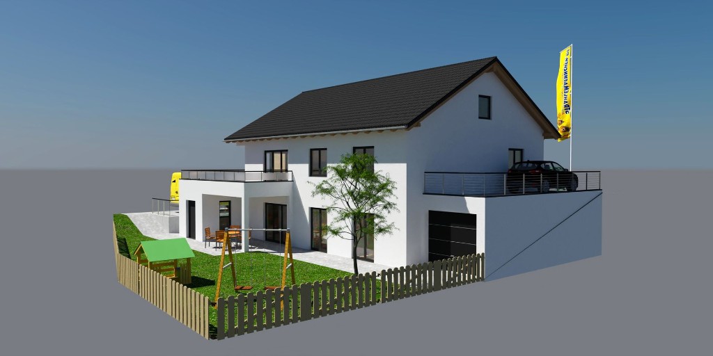 Architektur-Entwurf von Haus Ida – Außenansicht der Rückseite mit Garage, Terrasse und Gartenanlage