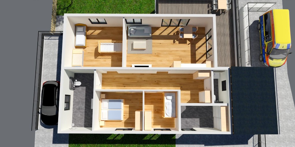Architektur-Entwurf von Haus Ida – Innenansicht von oben mit barrierefreier Raumaufteilung der Wohn- und Schlafbereiche