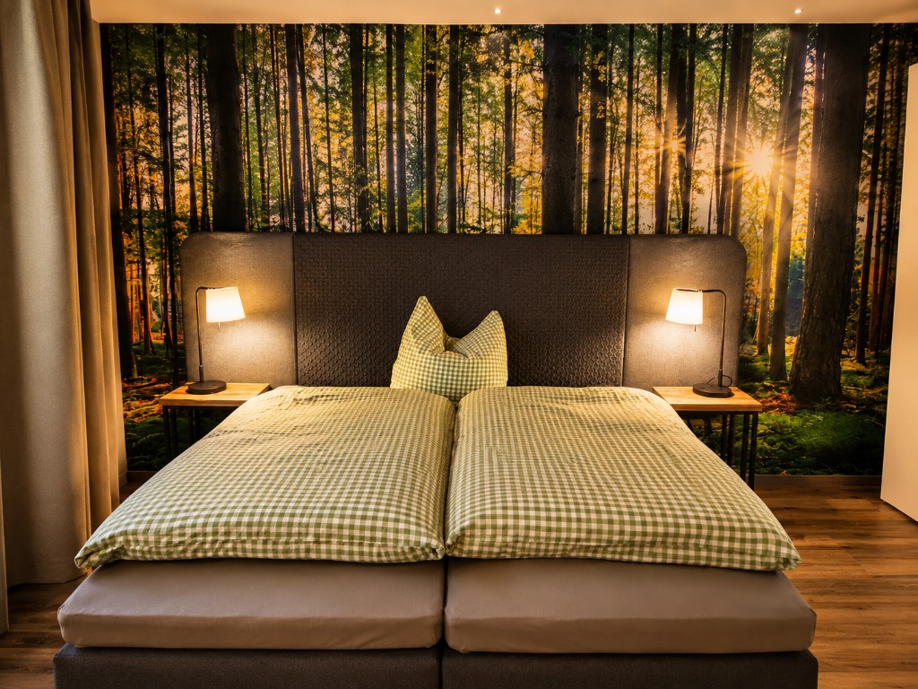 Elternschlafzimmer in Haus Konrad mit breitem Doppelbett, gepolstertem Kopfteil, zwei Nachttischlampen und einer wandfüllenden Fototapete, die einen Wald im Gegenlicht der Morgensonne zeigt